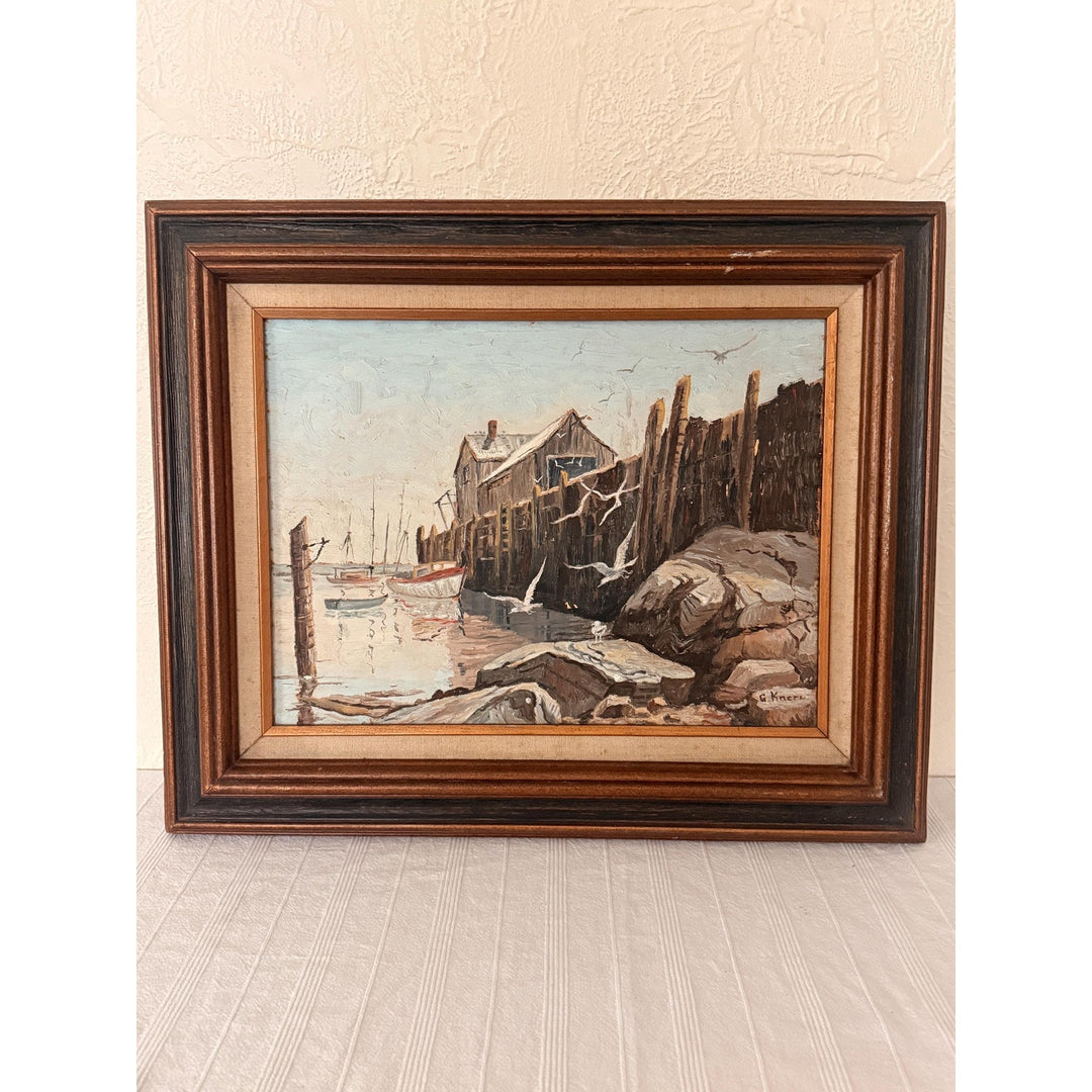 Vintage 70s Gloucester Harbor Oil Painting, Signed G Knern, MCM Coastal Art