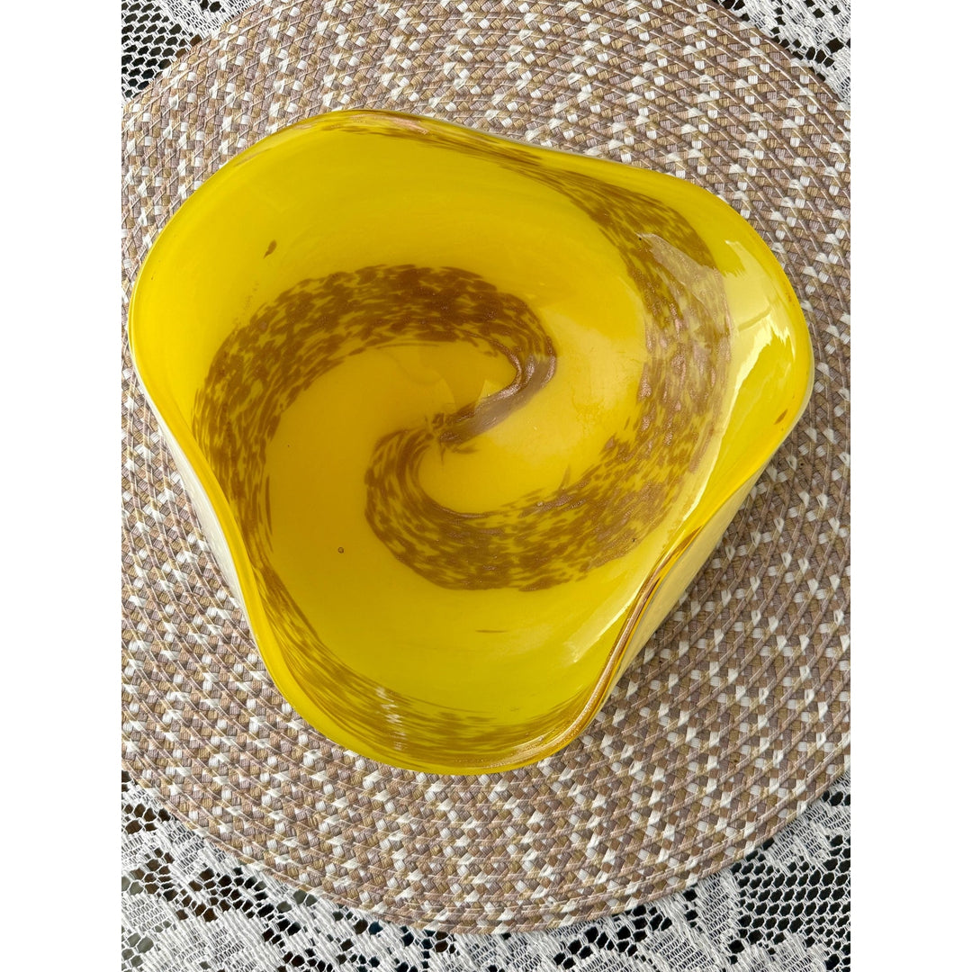 Vintage Murano Style Aventurine Glass Bowls | Mid-Century Yellow Emerald Pair
