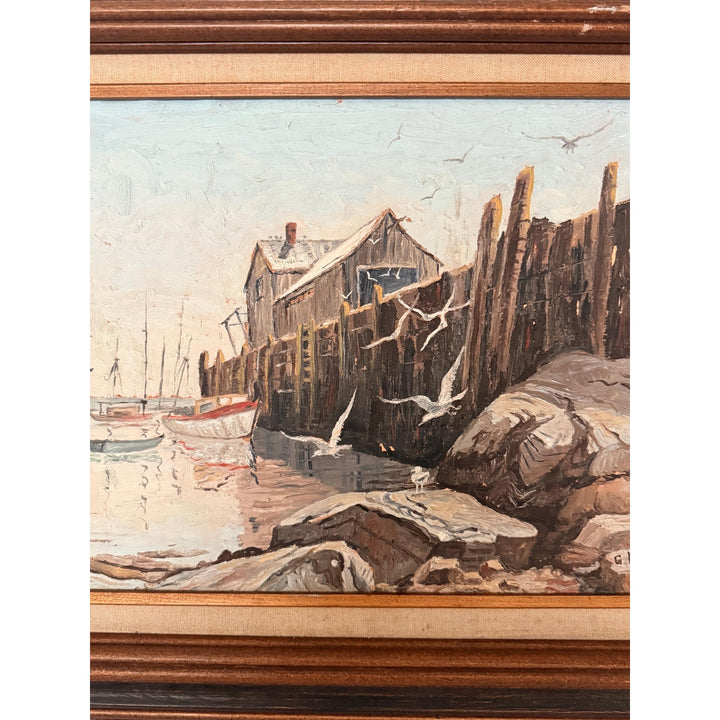 Vintage 70s Gloucester Harbor Oil Painting, Signed G Knern, MCM Coastal Art