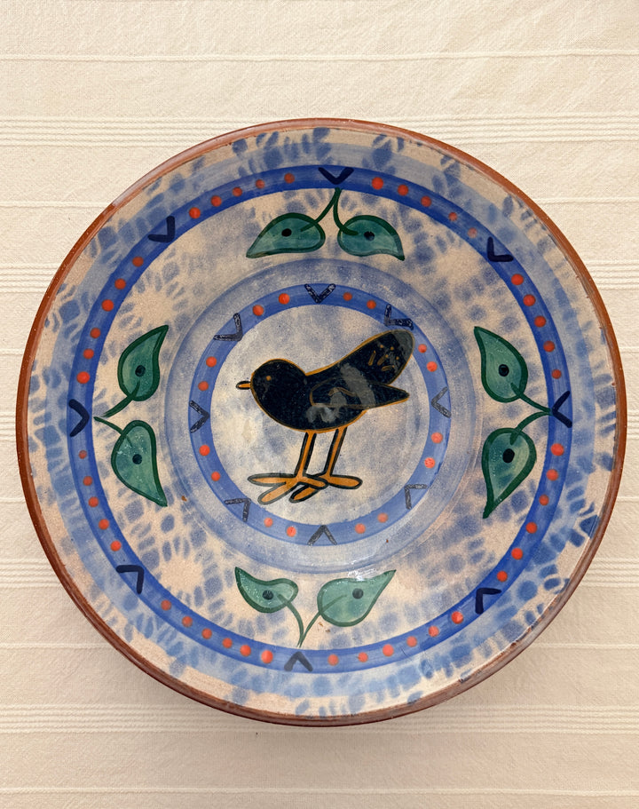 Vintage Signed Hand-Painted Folk Art Bird Terracotta Ceramic Pottery Bowl