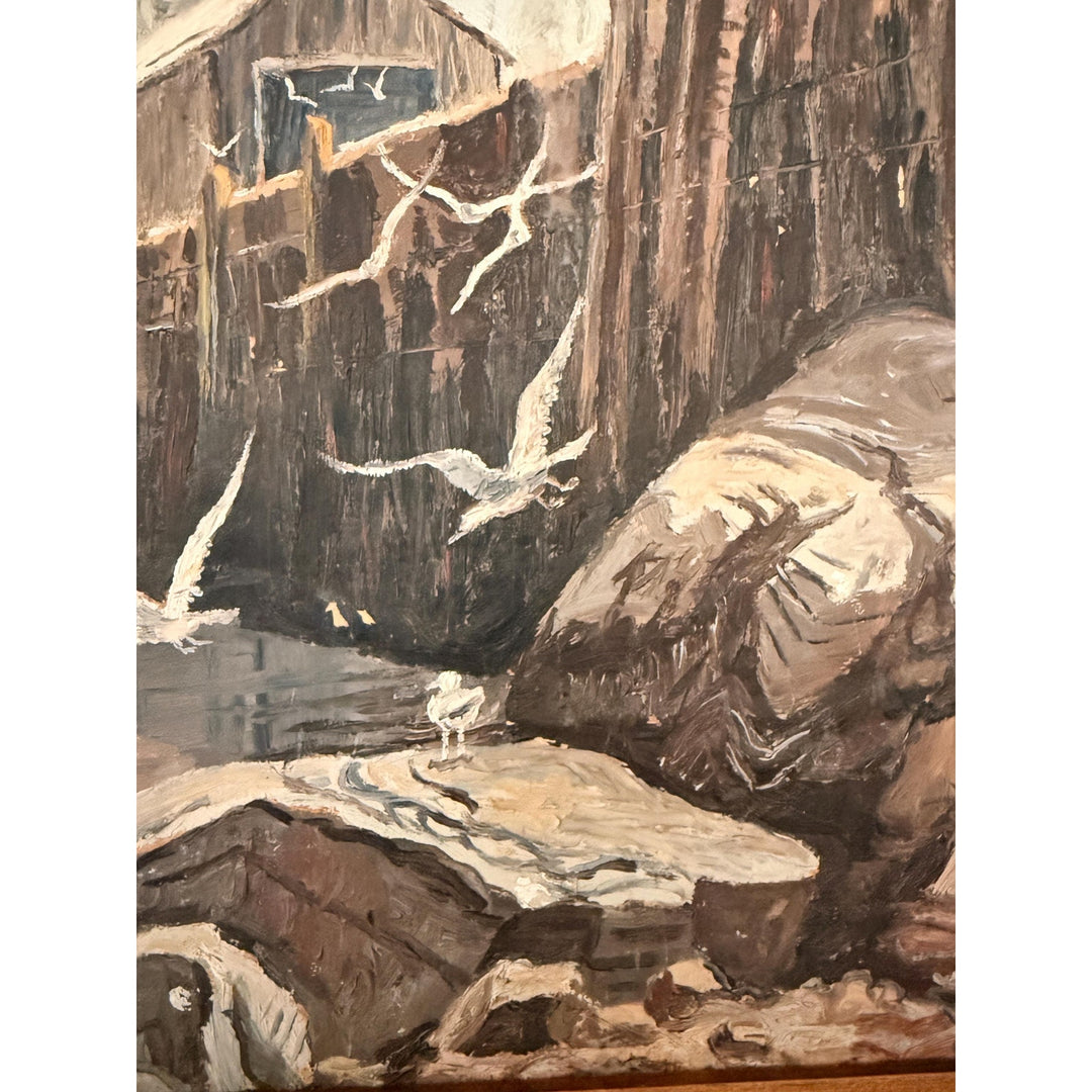 Vintage 70s Gloucester Harbor Oil Painting, Signed G Knern, MCM Coastal Art