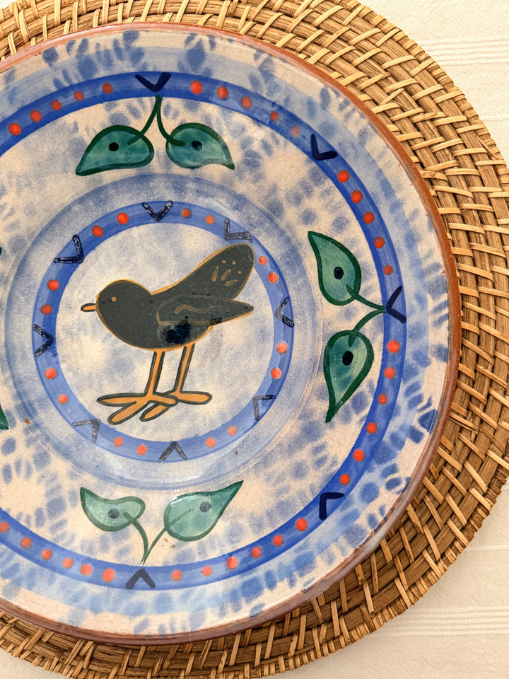 Vintage Signed Hand-Painted Folk Art Bird Terracotta Ceramic Pottery Bowl