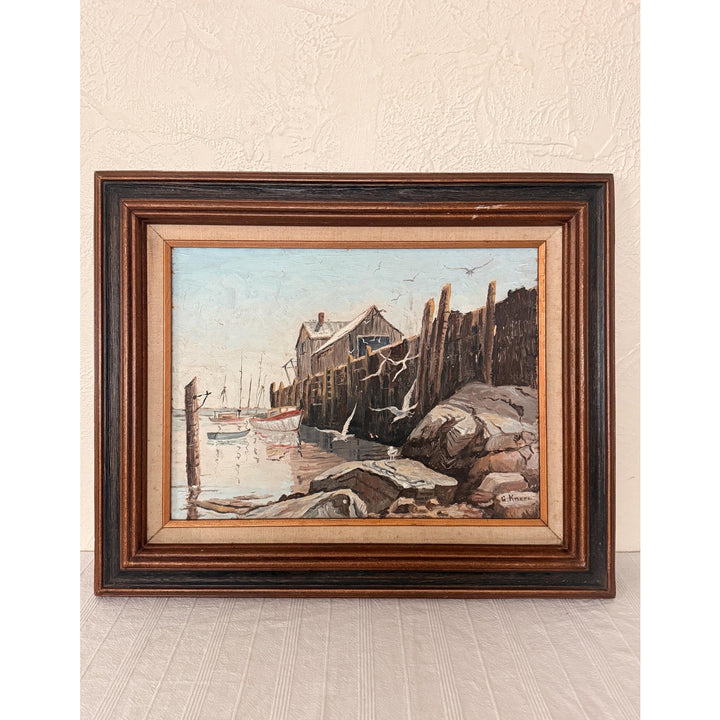 Vintage 70s Gloucester Harbor Oil Painting, Signed G Knern, MCM Coastal Art
