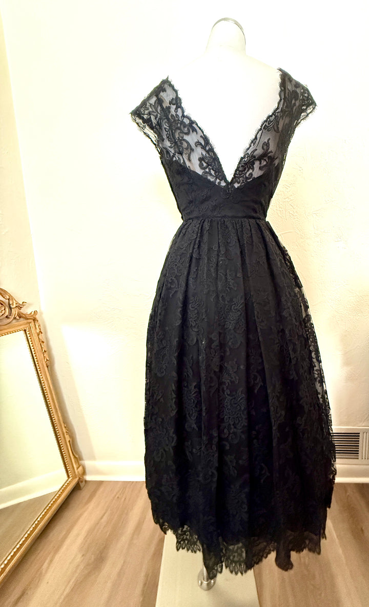 Vintage 1950s Givenchy Université Black Chantilly Lace Cocktail Dress