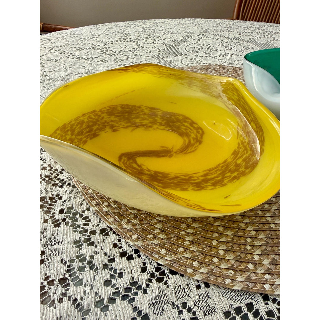Vintage Murano Style Aventurine Glass Bowls | Mid-Century Yellow Emerald Pair
