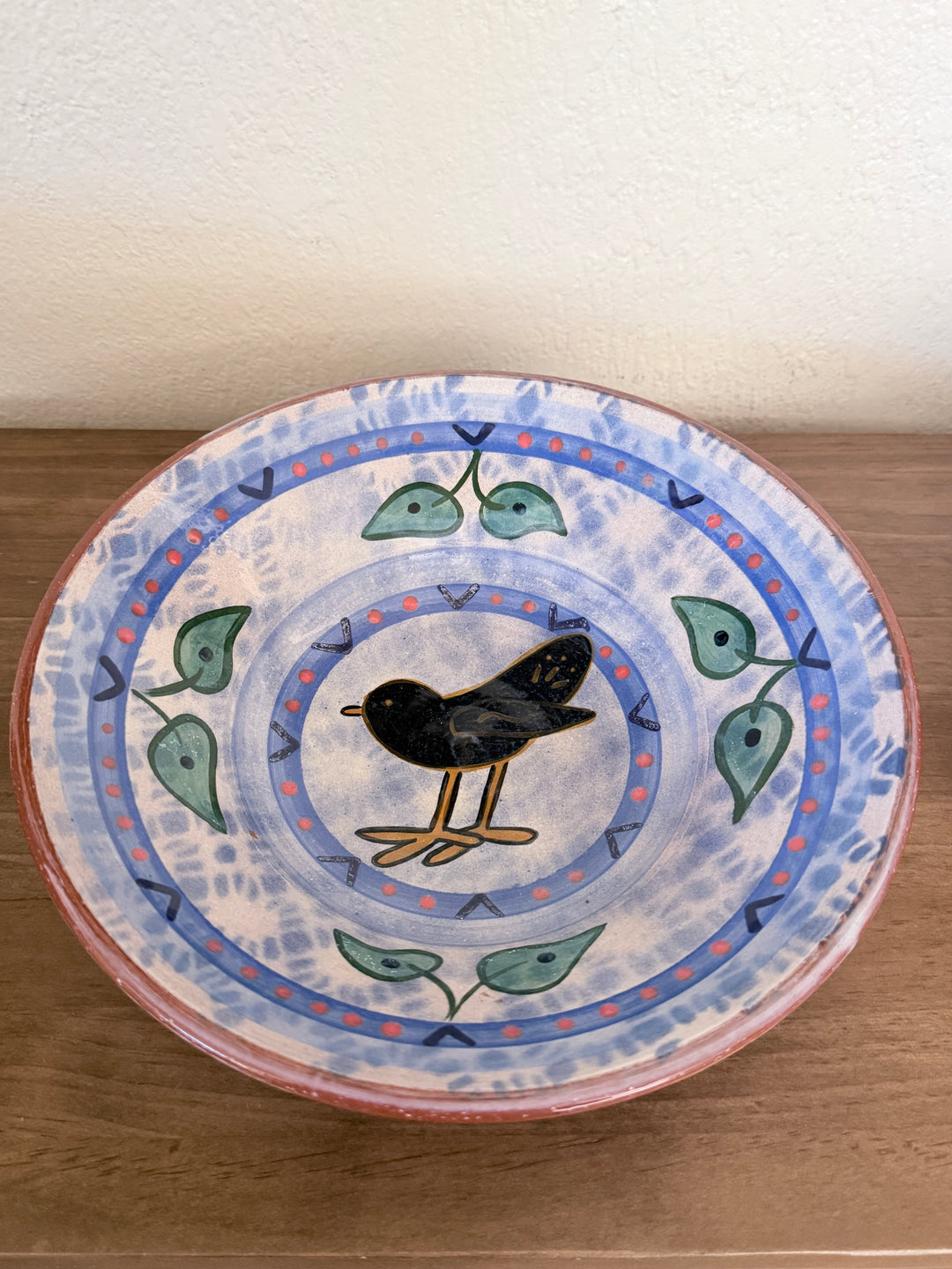 Vintage Signed Hand-Painted Folk Art Bird Terracotta Ceramic Pottery Bowl