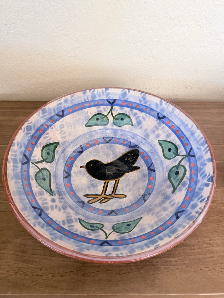 Vintage Signed Hand-Painted Folk Art Bird Terracotta Ceramic Pottery Bowl
