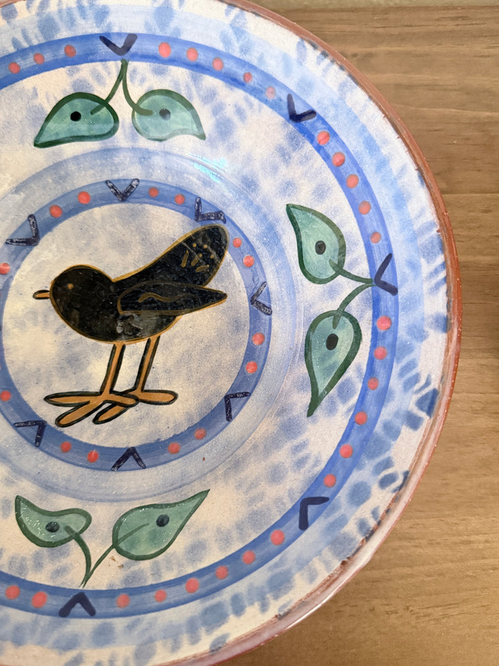 Vintage Signed Hand-Painted Folk Art Bird Terracotta Ceramic Pottery Bowl