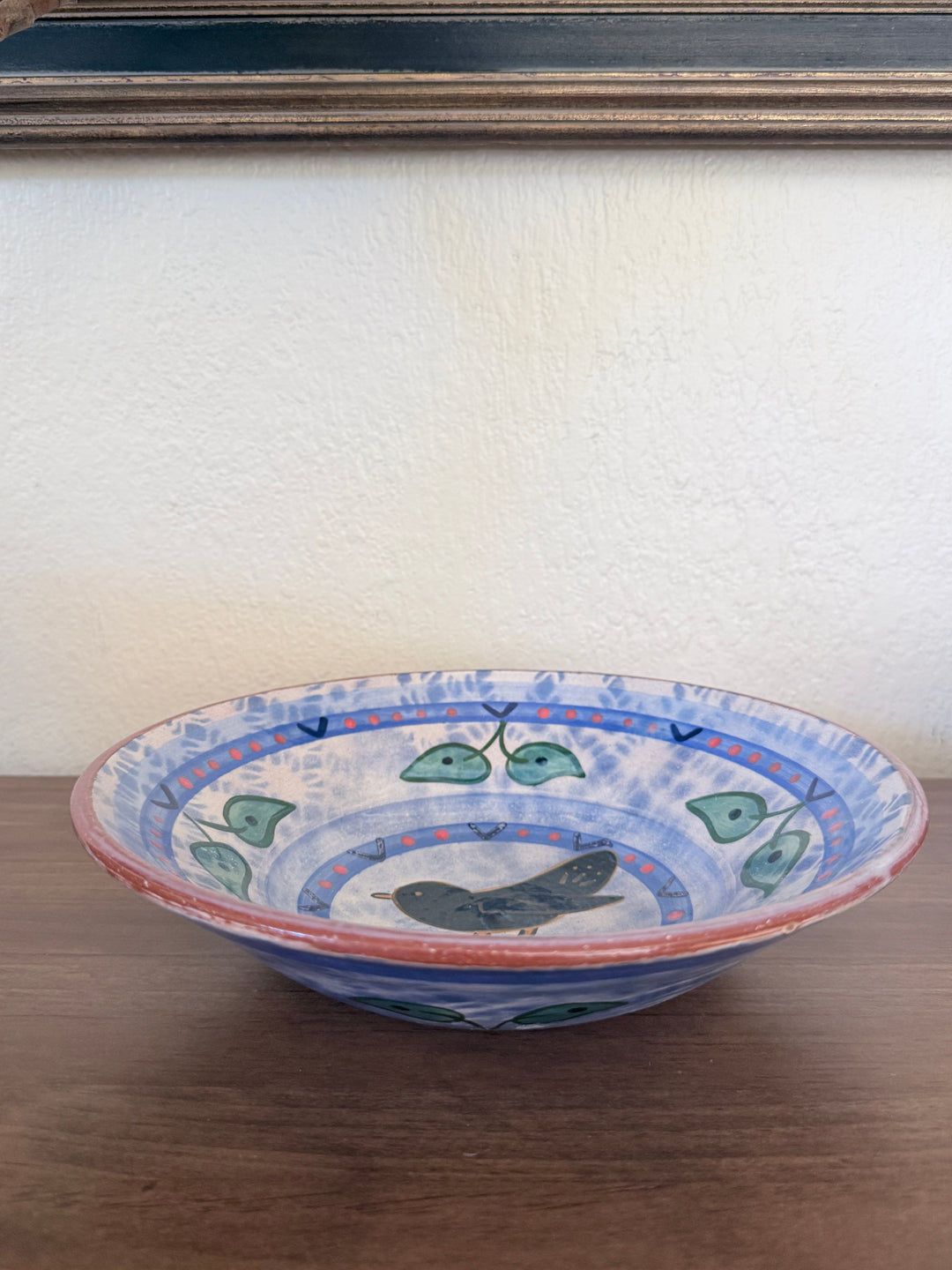 Vintage Signed Hand-Painted Folk Art Bird Terracotta Ceramic Pottery Bowl