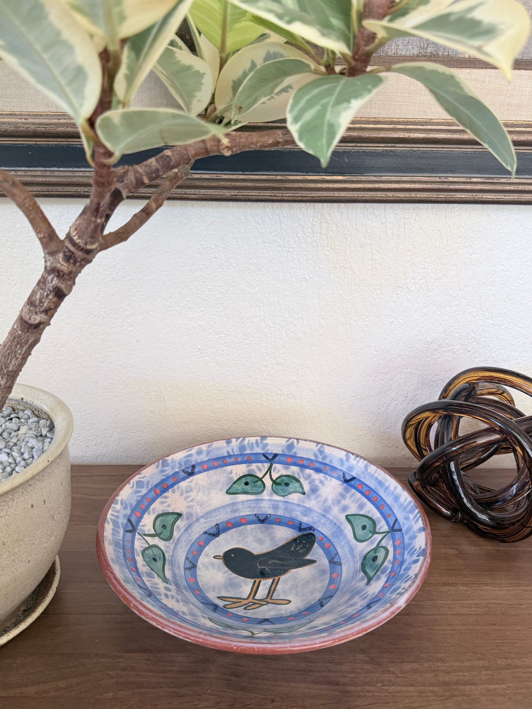 Vintage Signed Hand-Painted Folk Art Bird Terracotta Ceramic Pottery Bowl