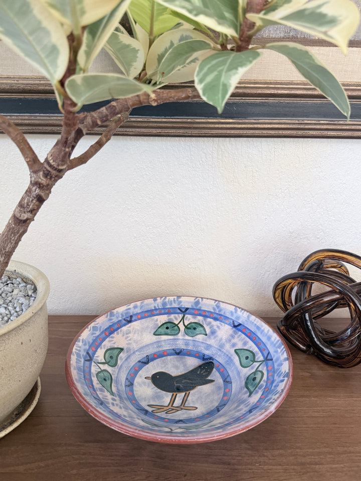 Vintage Signed Hand-Painted Folk Art Bird Terracotta Ceramic Pottery Bowl