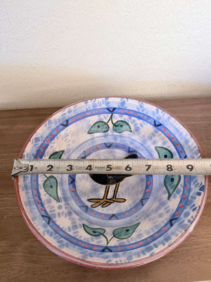 Vintage Signed Hand-Painted Folk Art Bird Terracotta Ceramic Pottery Bowl