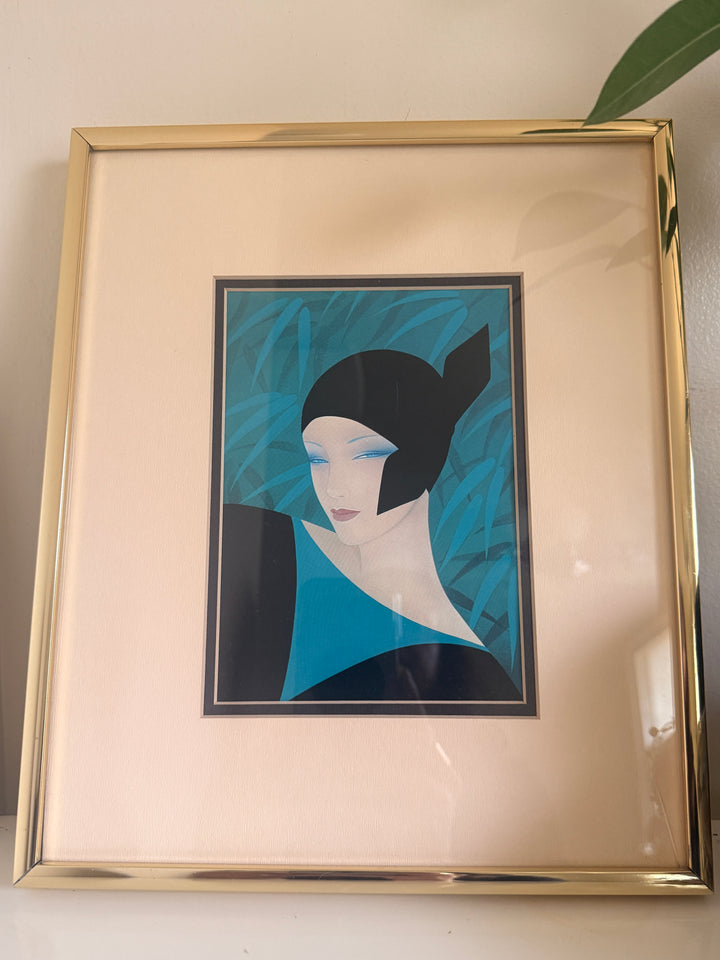 Rare 1980s Ichiro Tsuruta Framed Art Deco Woman Print