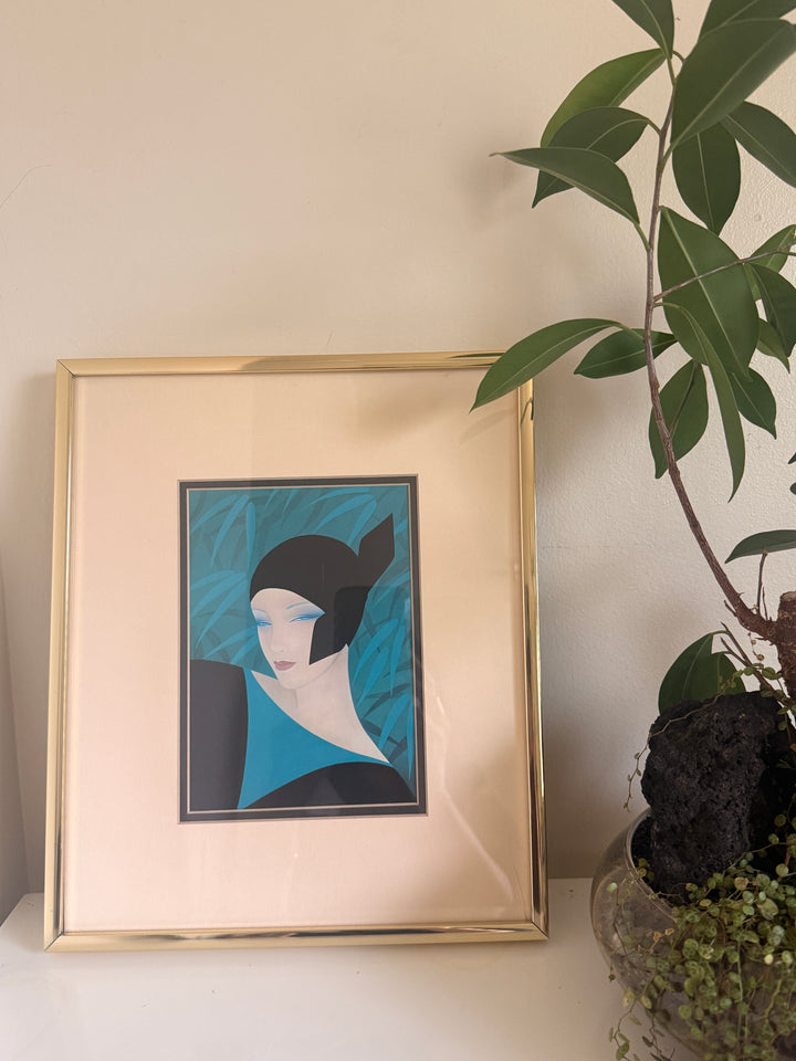 Rare 1980s Ichiro Tsuruta Framed Art Deco Woman Print