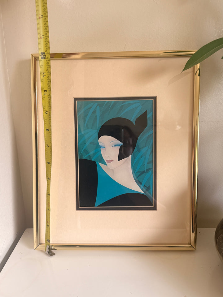 Rare 1980s Ichiro Tsuruta Framed Art Deco Woman Print