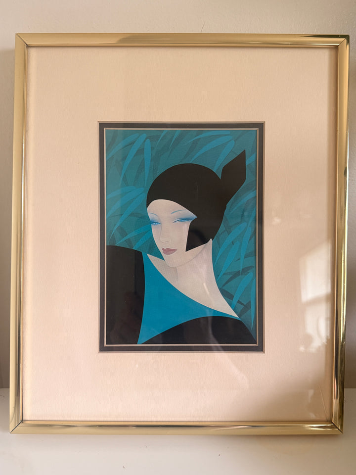 Rare 1980s Ichiro Tsuruta Framed Art Deco Woman Print