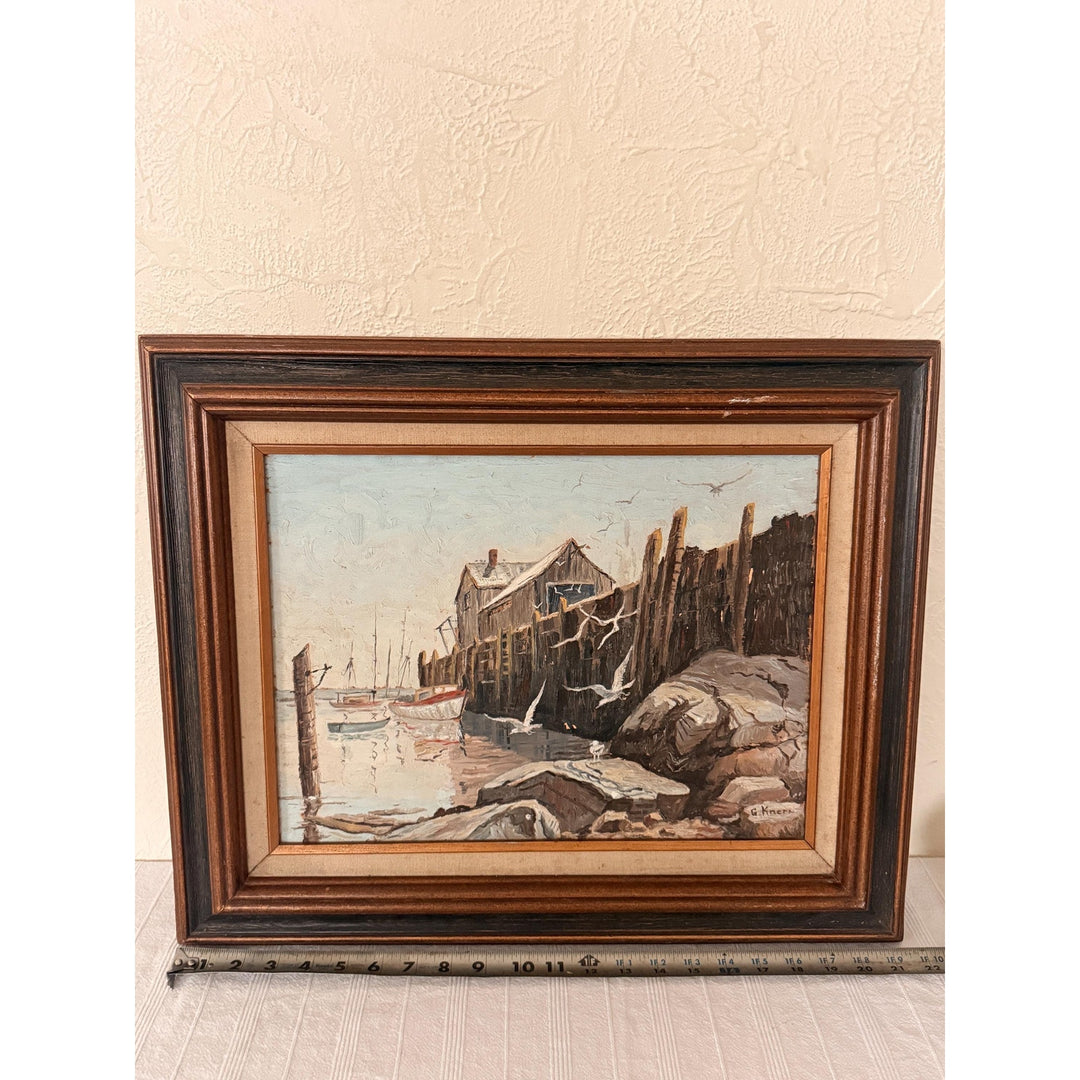 Vintage 70s Gloucester Harbor Oil Painting, Signed G Knern, MCM Coastal Art