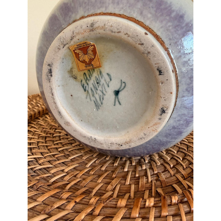 Rounded Erandi Tonalá pottery vase with hand-painted geometric patterns in blue, green, coral, and earthy neutral tones.