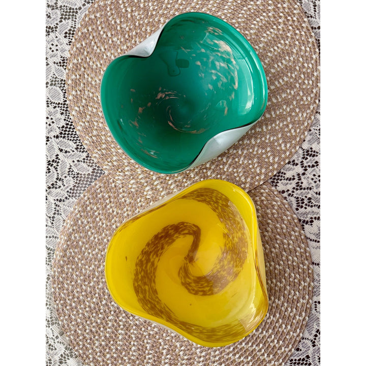 Vintage Murano Style Aventurine Glass Bowls | Mid-Century Yellow Emerald Pair