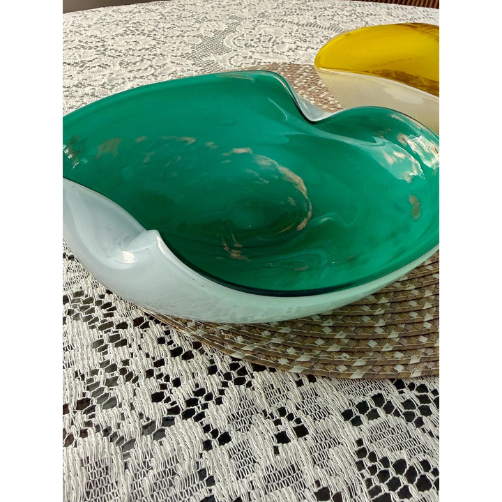Vintage Murano Style Aventurine Glass Bowls | Mid-Century Yellow Emerald Pair