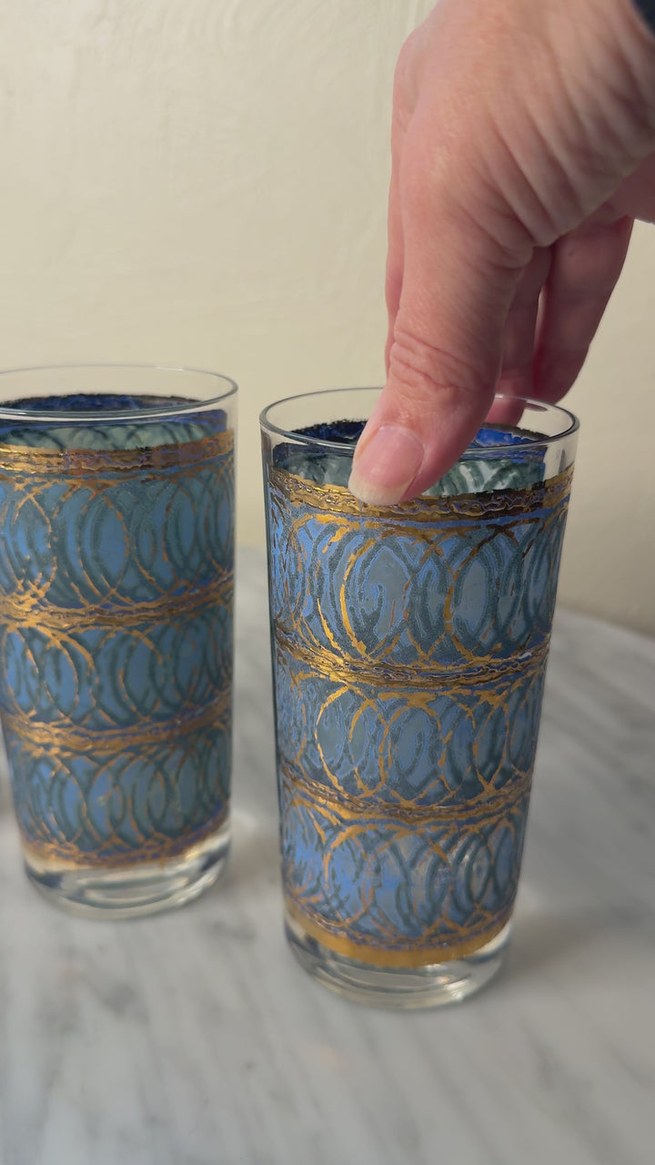 Georges Briard MCM Blue &amp; 22K Gold Highball Glasses, Set of 3